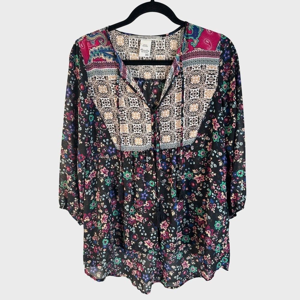 American Rag Black Floral Boho Mixed Print Tassel Peasant Blouse Size XS
